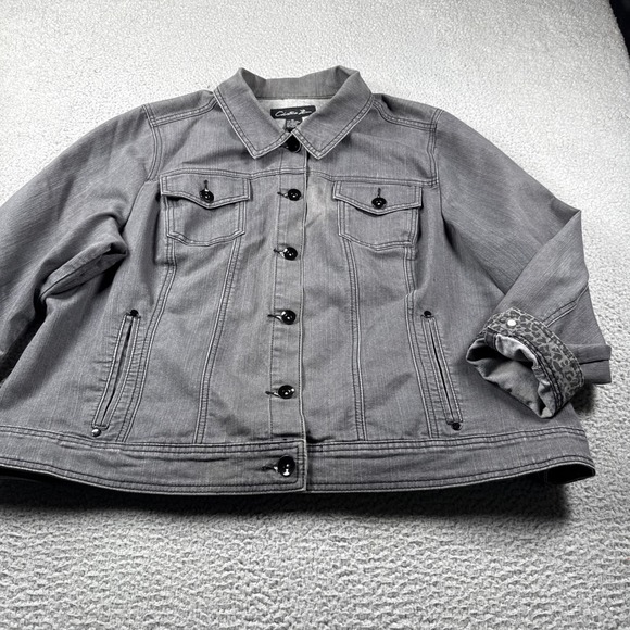 Christiana Zinn Denim Jacket Womens 3X Gray Pockets Animal Print Cuffs Y2K Retro - Picture 3 of 13